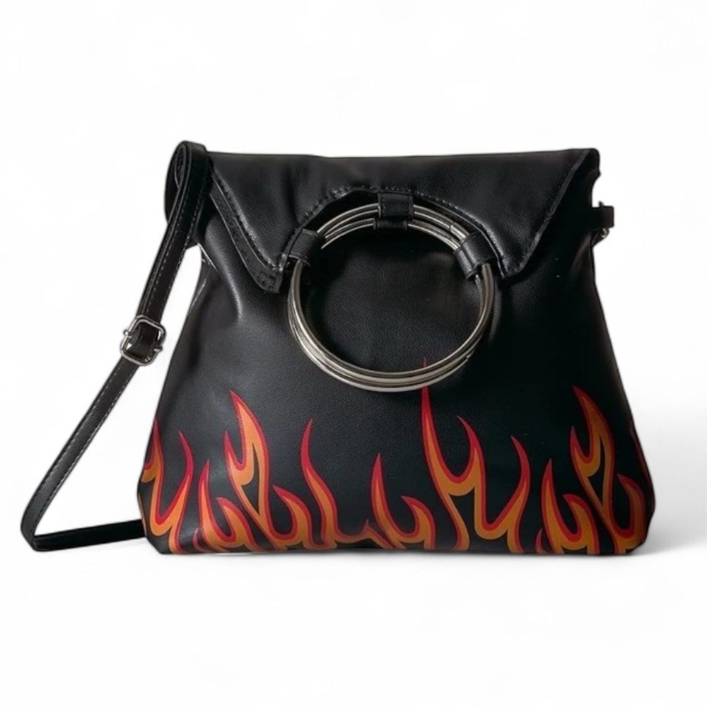 Black and Red Flame Design Bag Silver tone ring handle or crossbody NWT - Picture 2 of 15